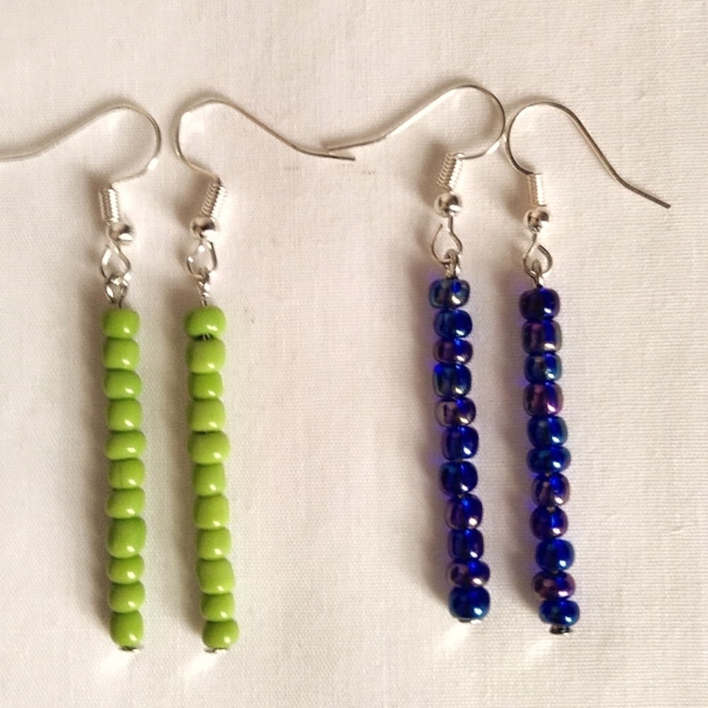 Handmade Beaded 2 pairs Earrings Linear Stick Peacock Blue and Light Olive Green